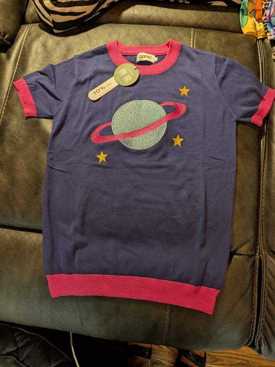 OXKnit Tops - NWT Womens Oxknit Navy And Pink Retro Planet Graphic Short Sleeve Top
